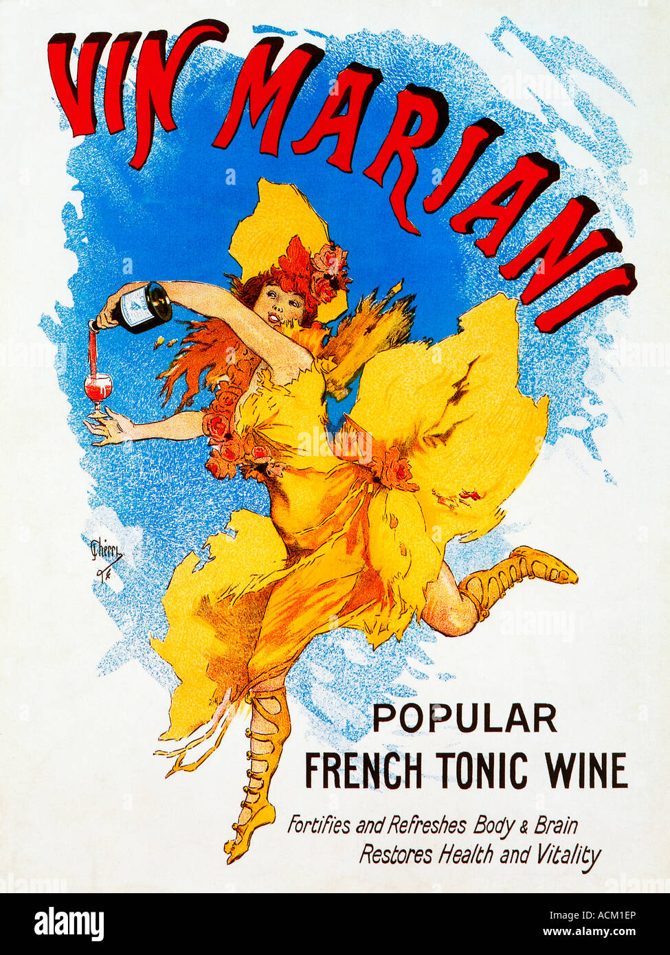 Vin Mariani French tonic wine with added coca to fortify and refresh here pushed by a Jules Cheret poster from 1894 Stock Photo