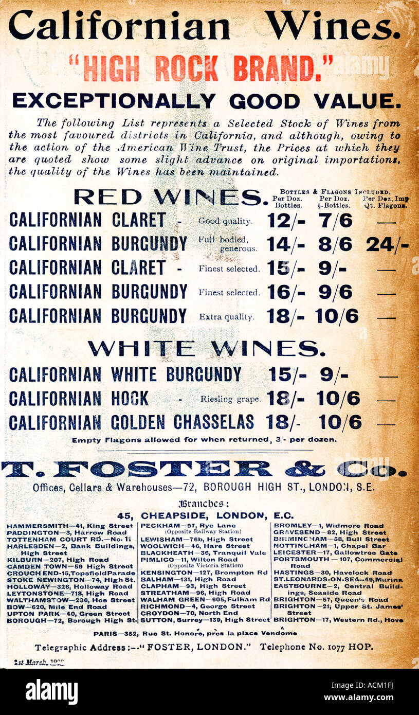 T Foster Californian Wine 1903 price list from the London wine merchants for their offerings from the New World Stock Photo