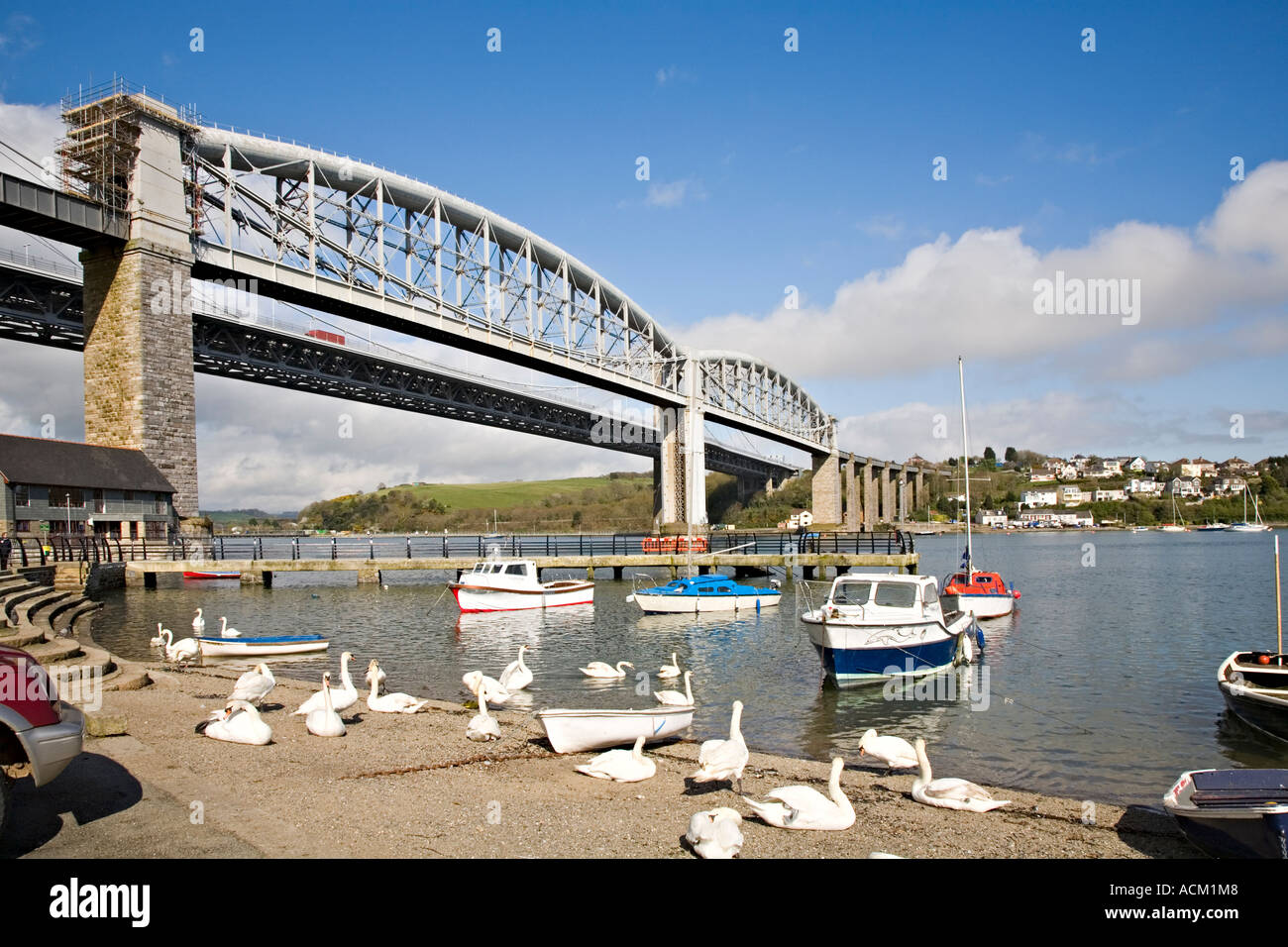 Modern Road Bridge and Brunels Victorian Tamar Bridge from Saltash in Cornwall UK Stock Photo