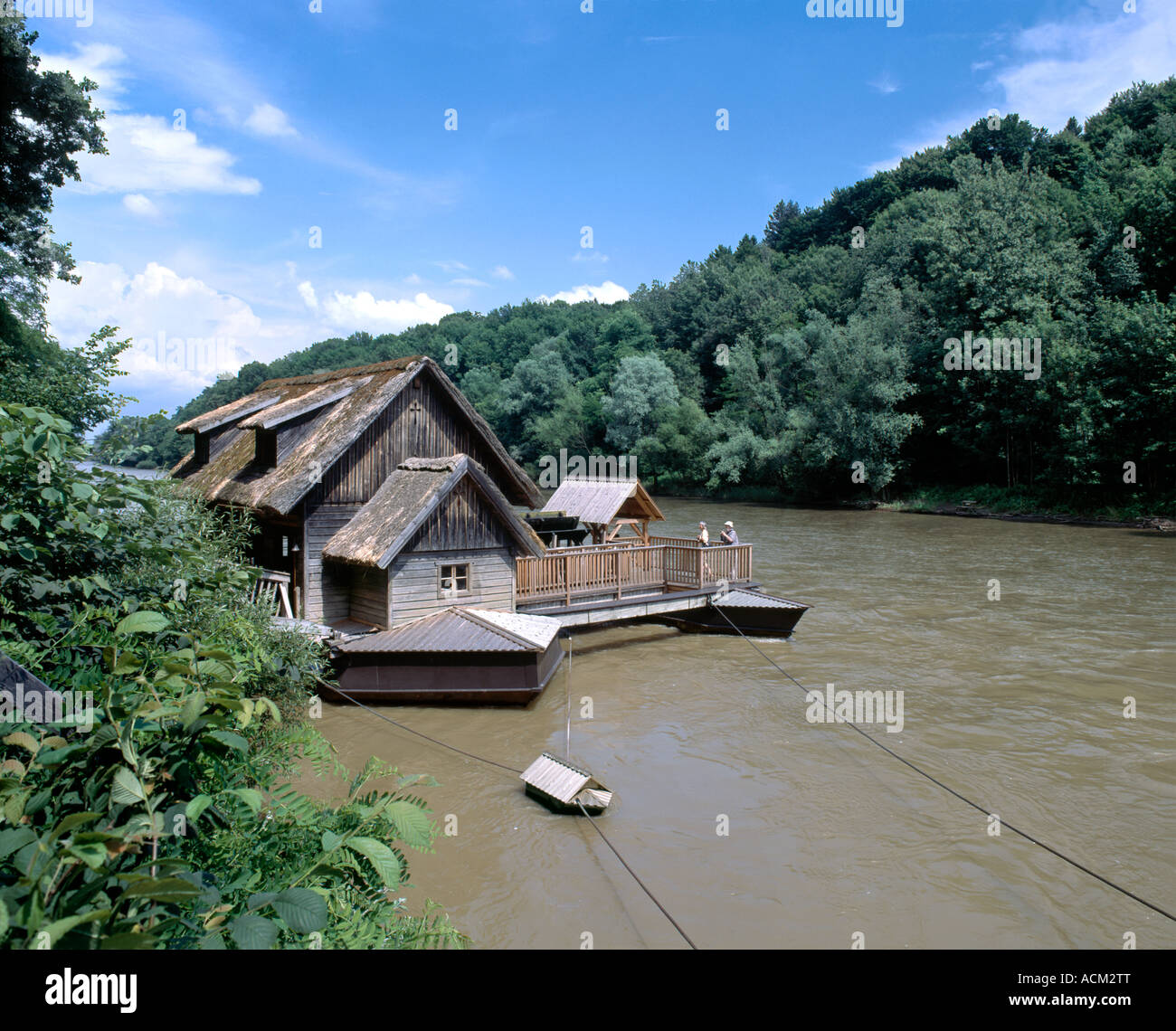 Die Murecker Schiffsmuhle - a floating water mill on the River Mur, near Mureck, Styria, southern Austria. Stock Photo