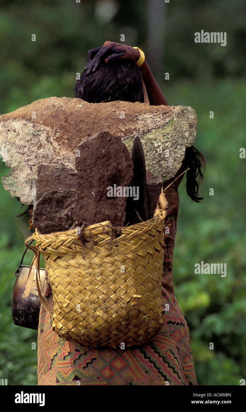 Indigenous woman carrying stones in a straw basket Xikrin Indigenous