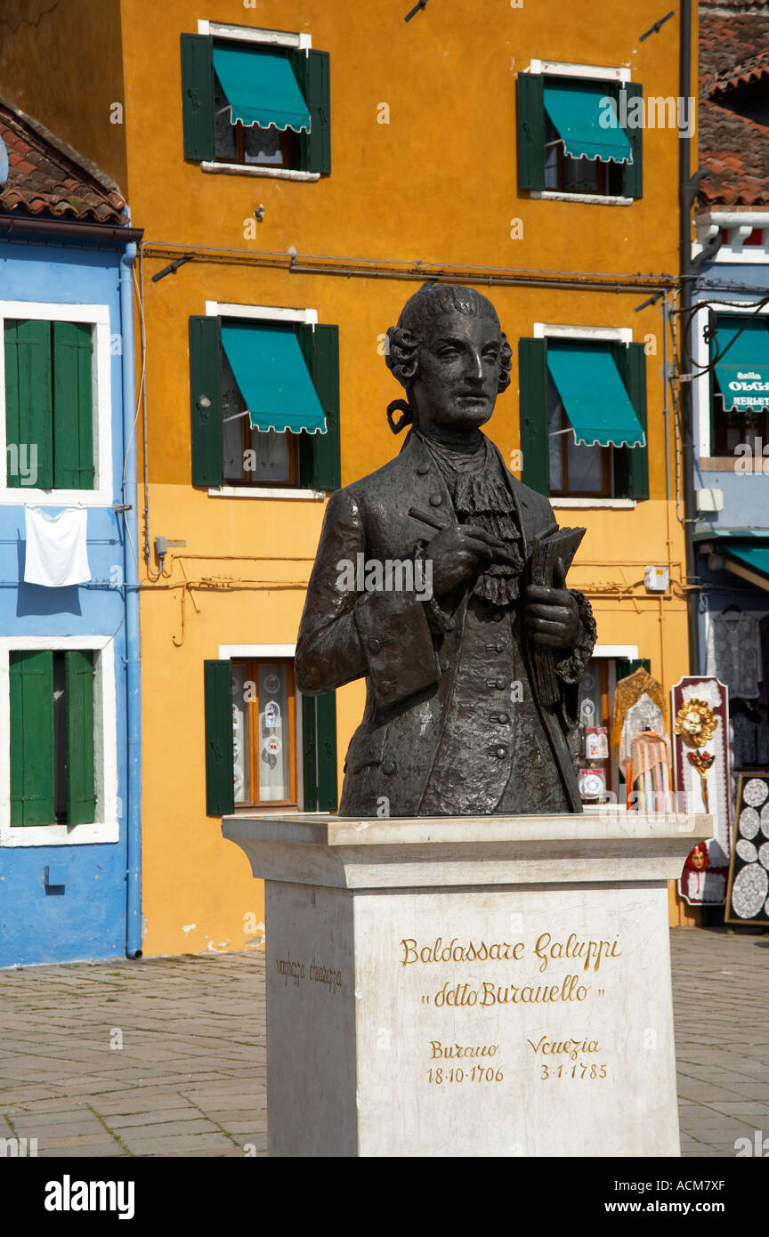 Statue of Baldassare Galuppi Plazza D Galuppi Burano in the Venice Lagoon Venice Italy (born in Burano) Stock Photo