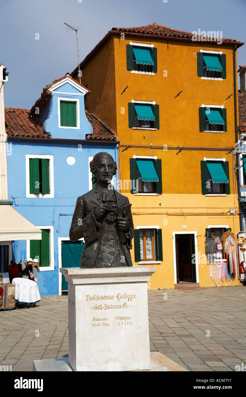 Statue of Baldassare Galuppi Plazza D Galuppi Burano in the Venice Lagoon Venice Italy (born in Burano) Stock Photo
