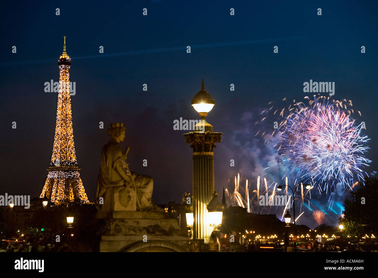 14 July (Bastille Day) fireworks, Place de la Concorde,  Eiffel Tower, Paris, France Stock Photo