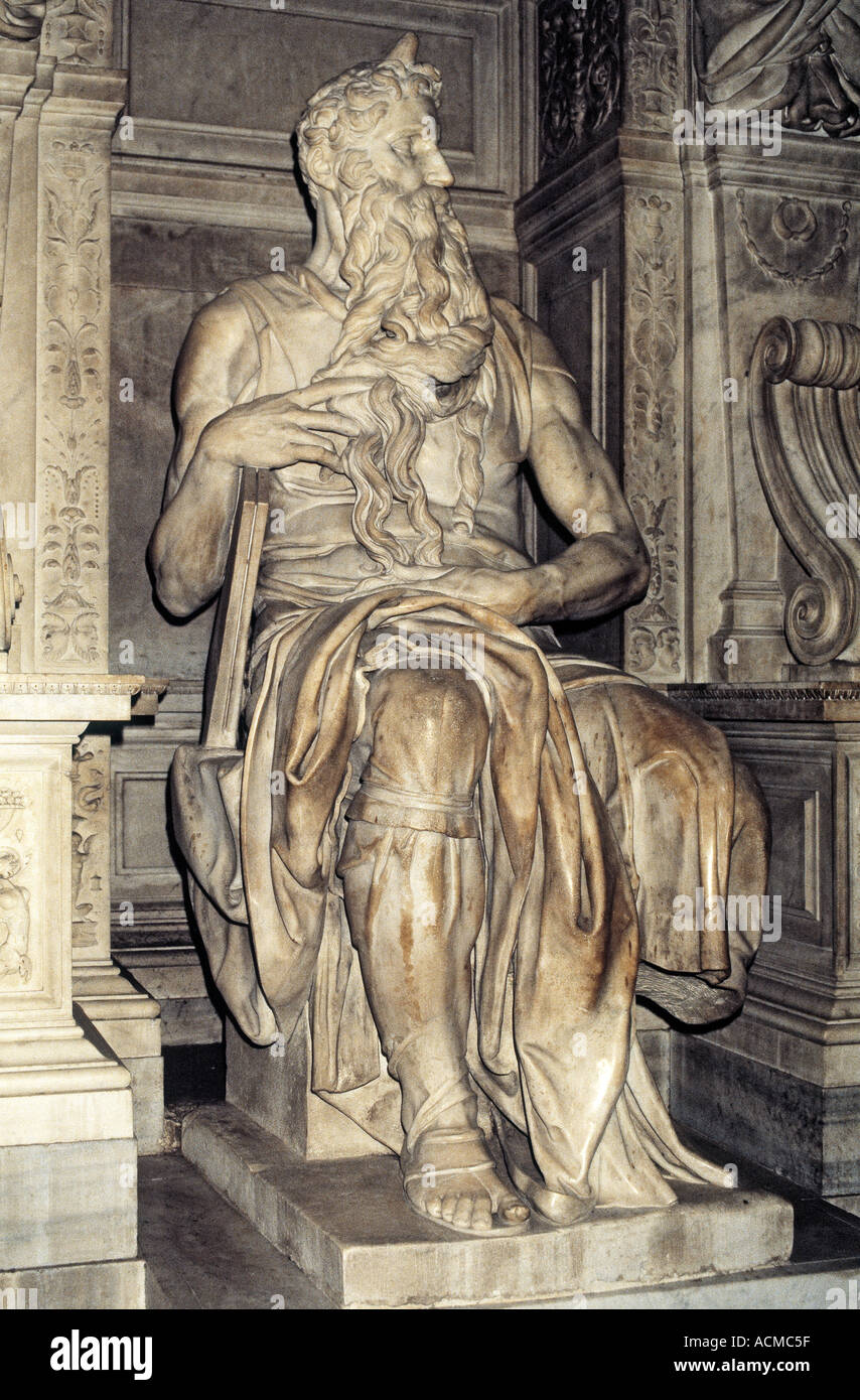 Rome Italy Statue of Moses Receiving Ten Commandments by Michelangelo Buonarroti in San Pietro in Vincoli church Stock Photo