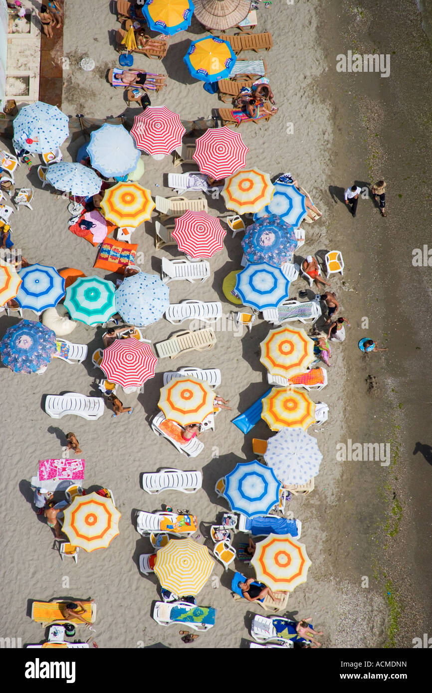 Big beach umbrellas at a private beach aerial Buyukcekmece Southwest of