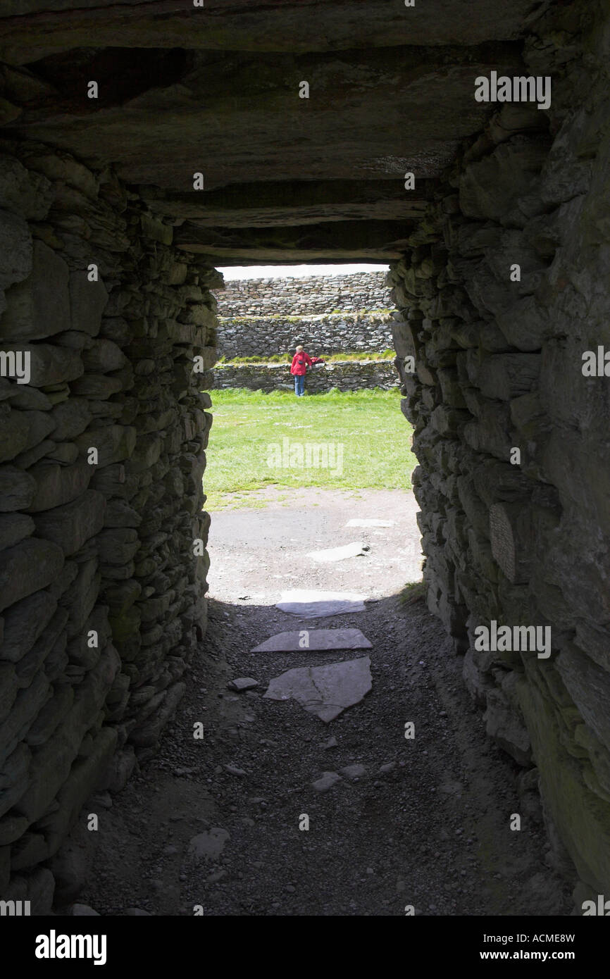 Looking through the entrance into Grianan Ailligh an Iron Age hill fort built on a Neolithic burial mound in Co Donegal Ireland Stock Photo