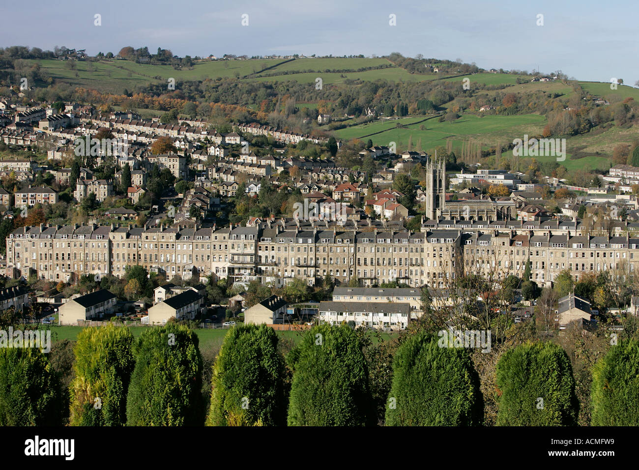 Baht city North East ancient old Roman spa urban houses rooftops roofs historical elevated view
