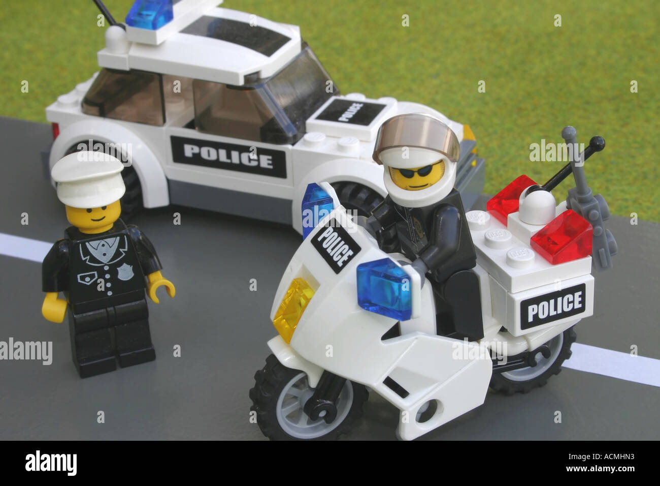 Lego police vehicles on the road Stock Photo