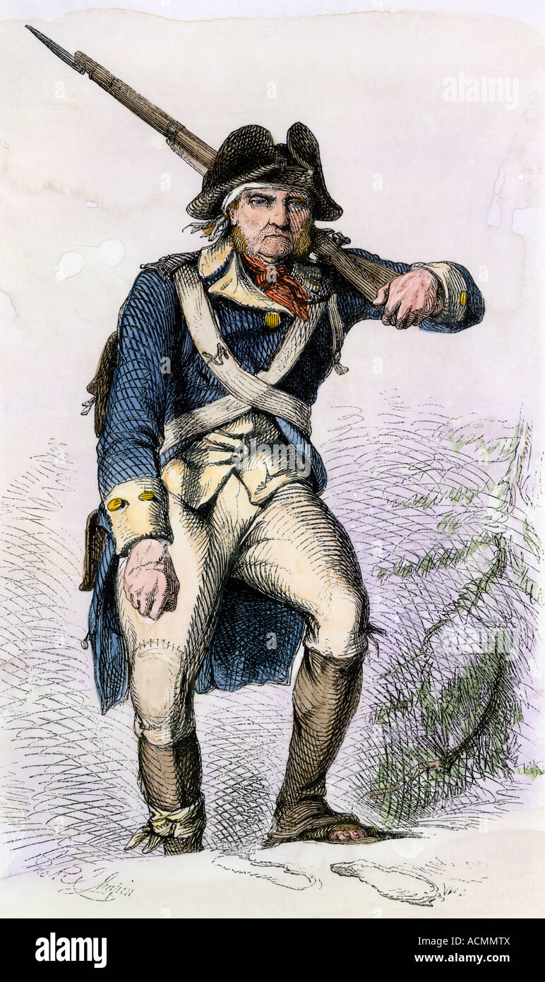 Continental soldier in shabby clothing in the snow at Valley Forge winter camp. Hand-colored woodcut Stock Photo
