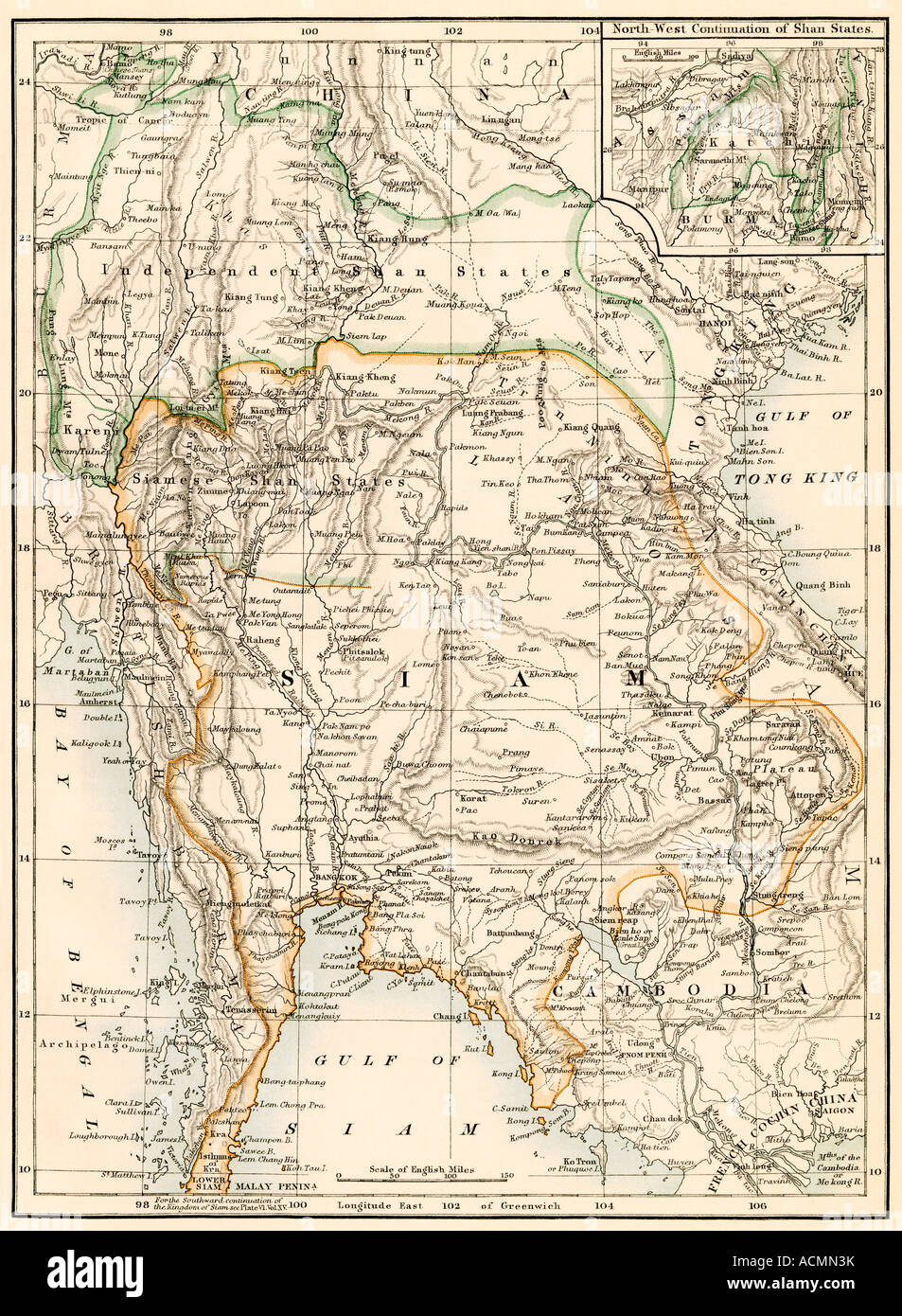 Map of Siam now Thailand and the independent Shan States,1870s. Color lithograph Stock Photo