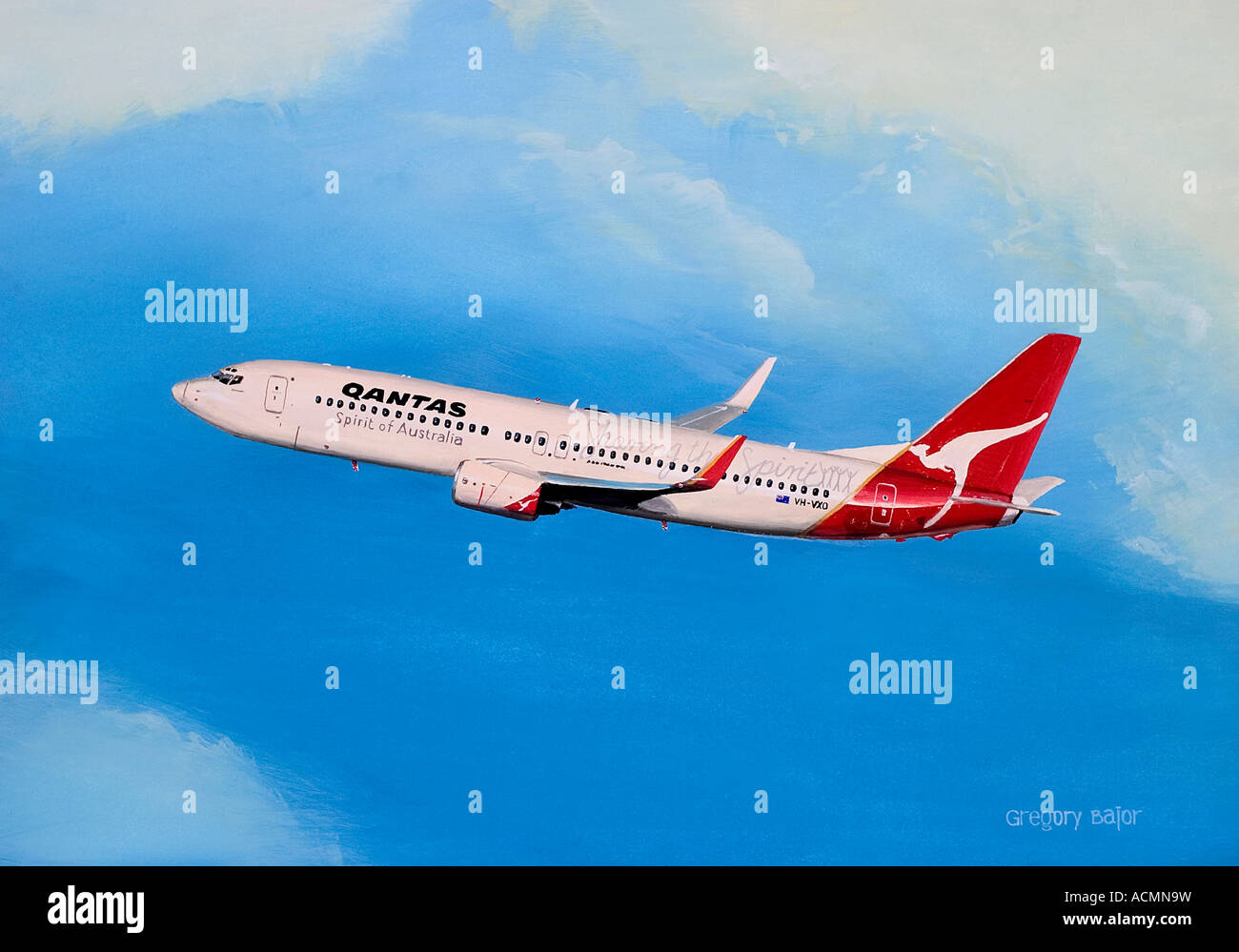 Painting of Qantas Boeing 737-838 flying above clouds Stock Photo