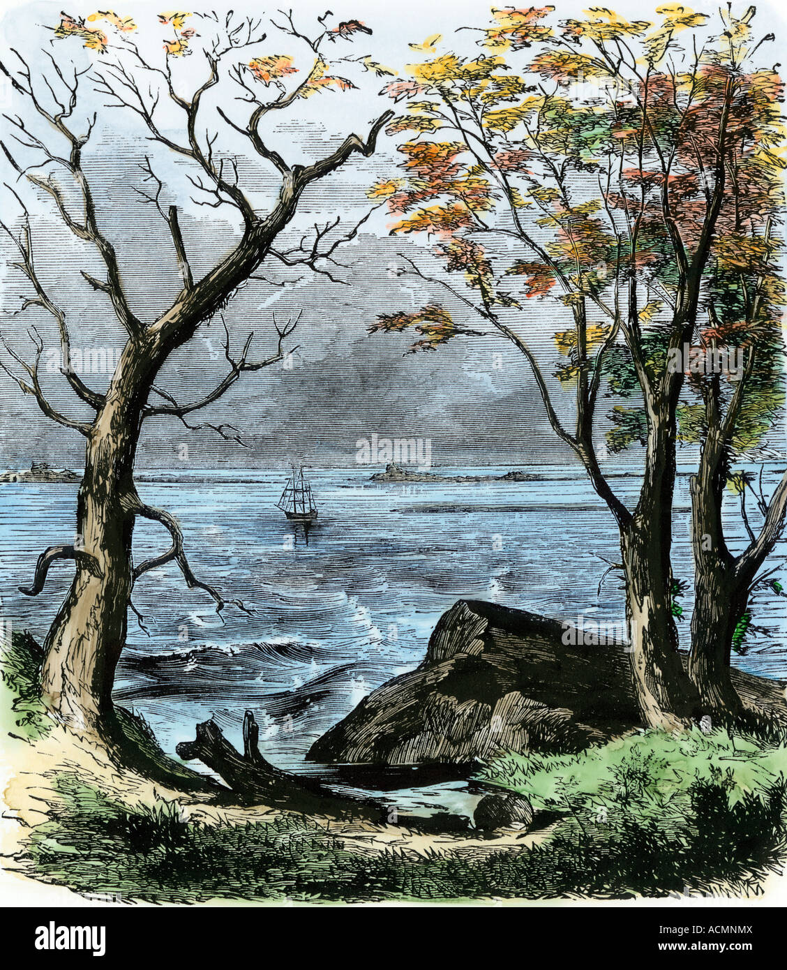 Plymouth Rock with the Mayflower at anchor in the bay. Hand-colored woodcut Stock Photo