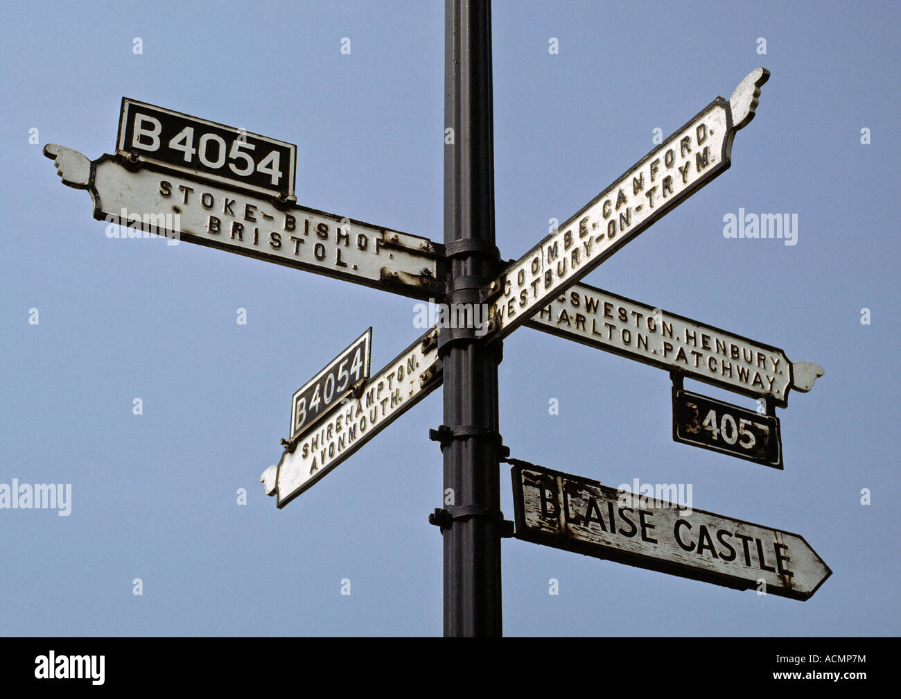 Old fingerpost road sign against blue sky near Bristol, UK. Stock Photo