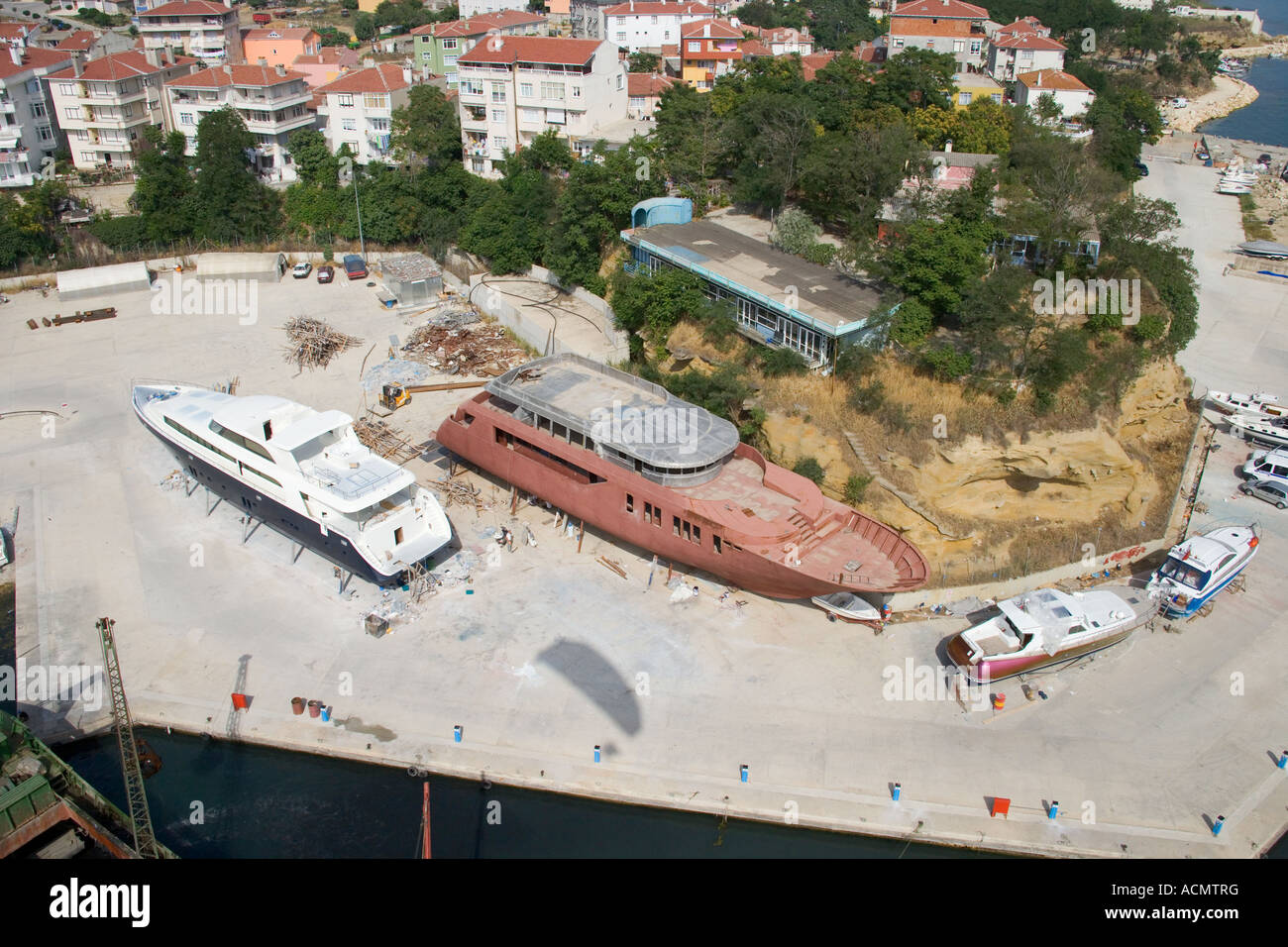 Yachts being built or repaired aerial Buyukcekmece Soutwest of Istanbul Turkey Stock Photo