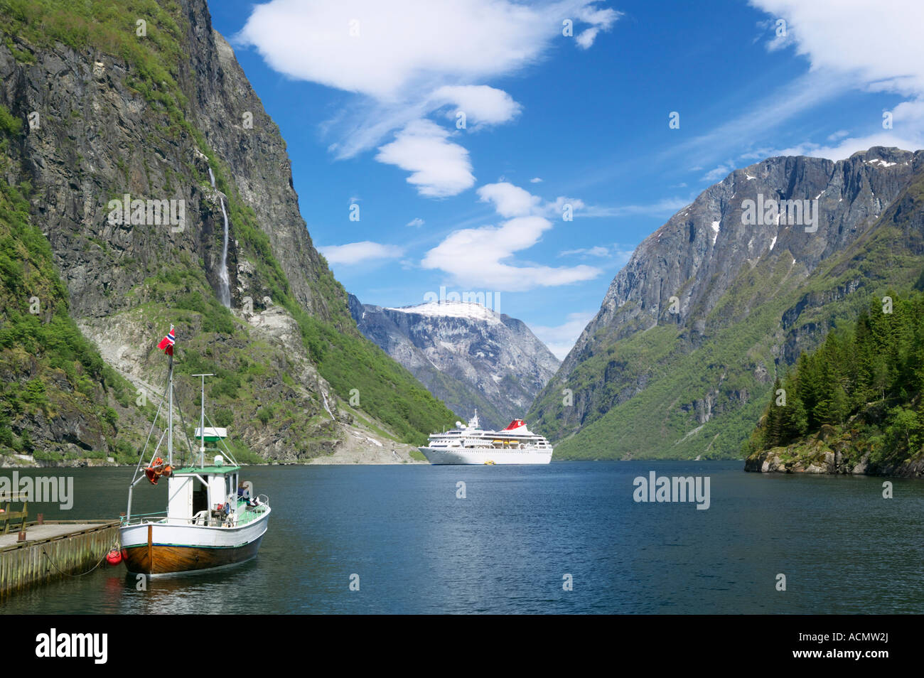 Cruise ship in the Naeroyfjorden, Aurland, Sogn og Fjordane, Norway Stock Photo
