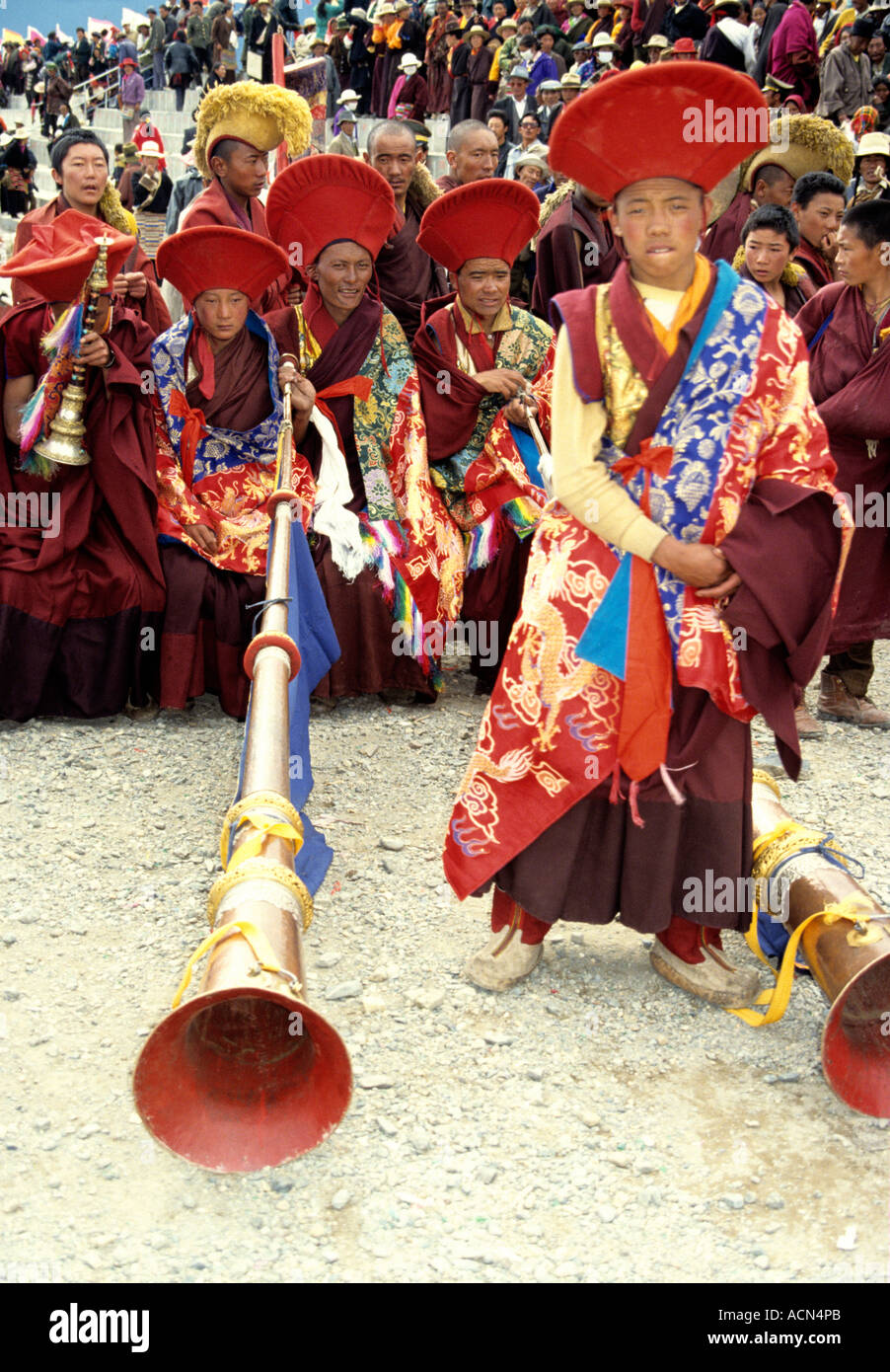 monks of the ancient Bon religion play a traditional role as they Stock