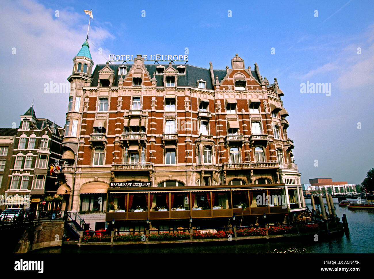 waterfront, guest rooms, rooms and lodging, rooms, lodging, accommodations, facade, hotel, Hotel de L'Europe, Amsterdam, Holland, Netherlands, Europe Stock Photo