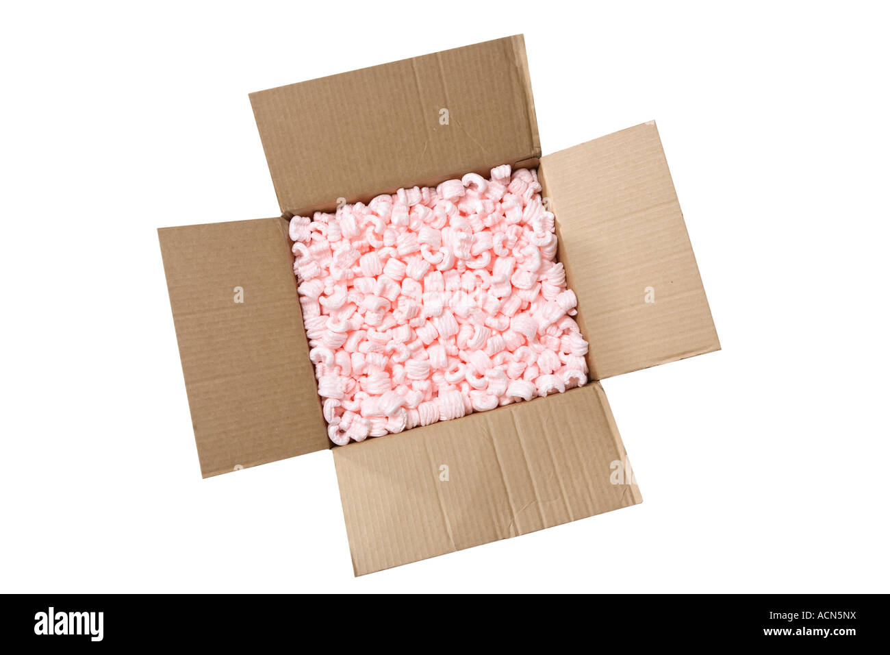 Cardboard box with Styrofoam packaging cut out on white background Stock Photo