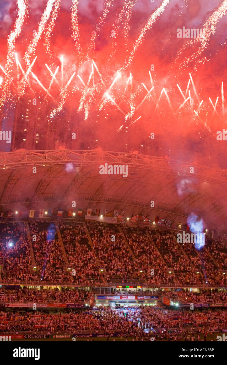 Fireworks Light Stadium after Samoa Beat Fiji to become Champions Hong Kong Rugby Sevens 2007 Stock Photo