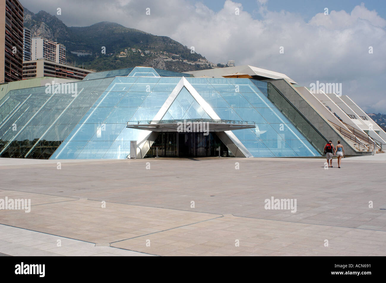 The modern Pyramid shaped Grimaldi Forum Center in Monte Carlo. Stock Photo