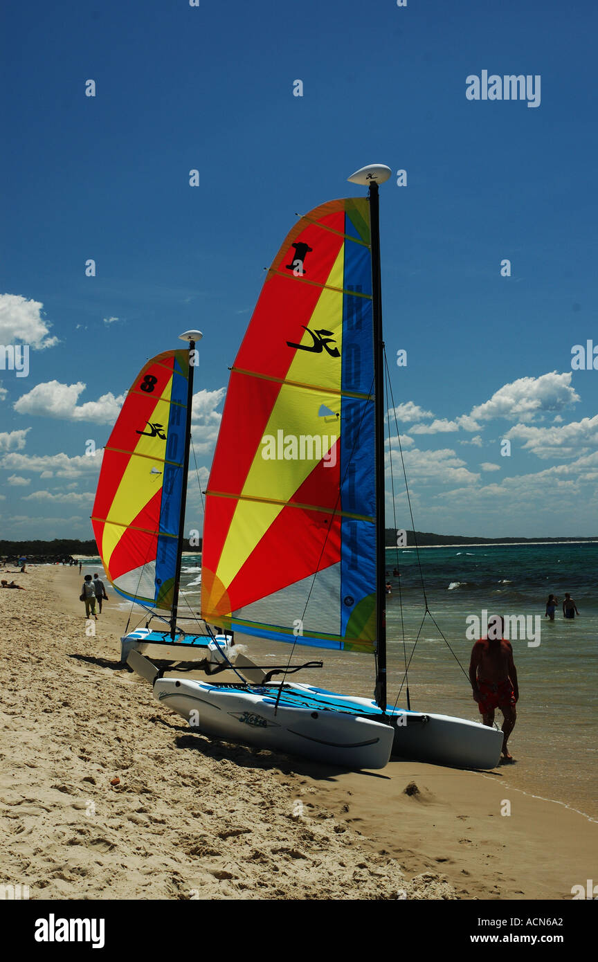 Sailing catamarans pulled up on beach Noosa Queensland Australia dsc