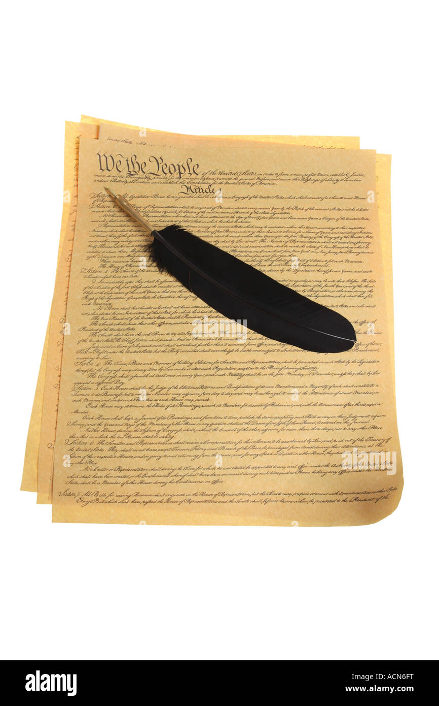 US Constitution and Feather Pen cut out on white background Stock Photo