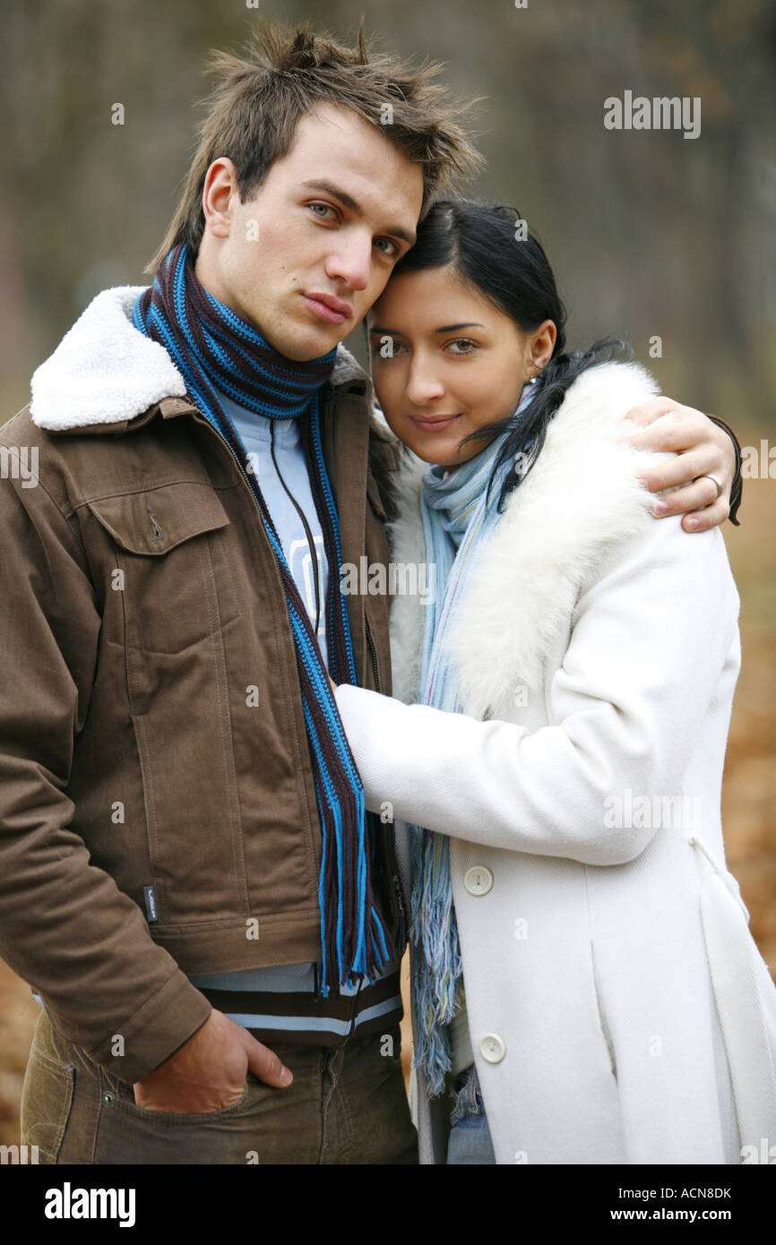 Portrait of a young couple in the autumn forest lifestyle Stock Photo ...