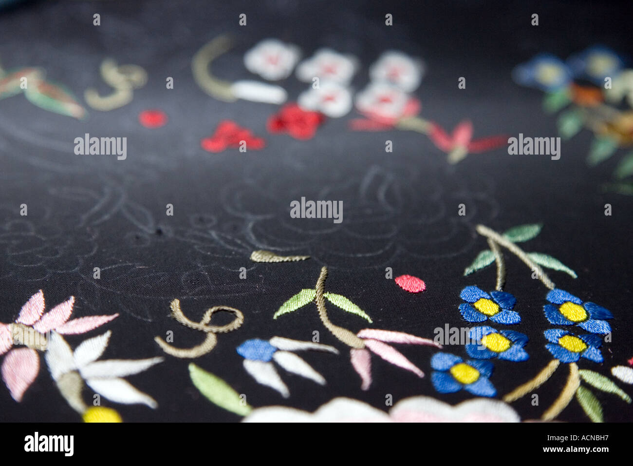 Detail of an unfinished embroidered Manila shawl, Andalusia, Spain Stock Photo