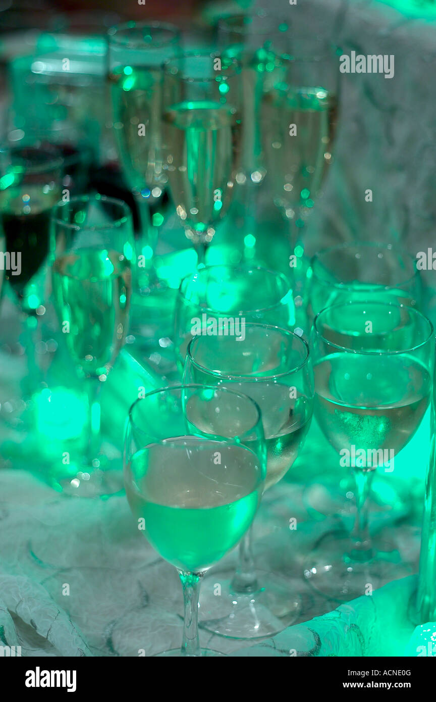 Champagne Wine Glasses On Party Celebration Banquet Table Stock Photo