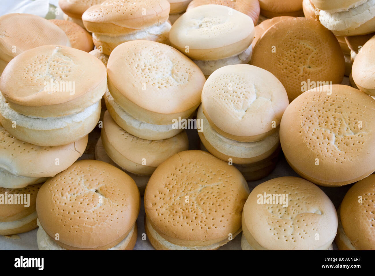 Traditional rounded white bread (Pan blanco), Andalusia, Spain. Stock Photo