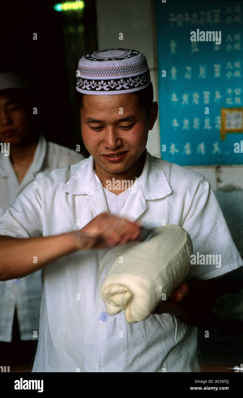 Freshly made noodles in a muslim chinese restaurant, Nanjing, China Stock Photo