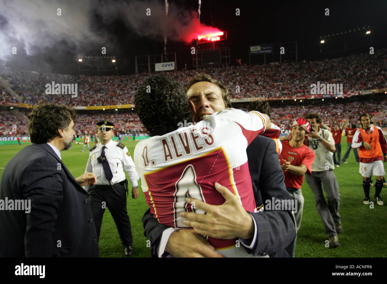 Alves and Cristobal Soria celebrate victory wich led Sevilla FC to UEFA Cup final Stock Photo