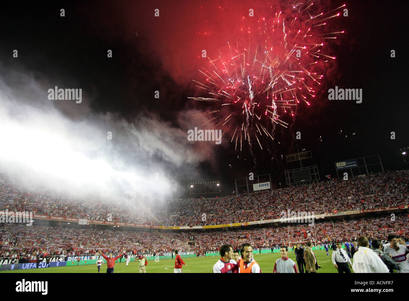 Fireworks to celebrate victory wich led Sevilla FC to UEFA Cup final Stock Photo