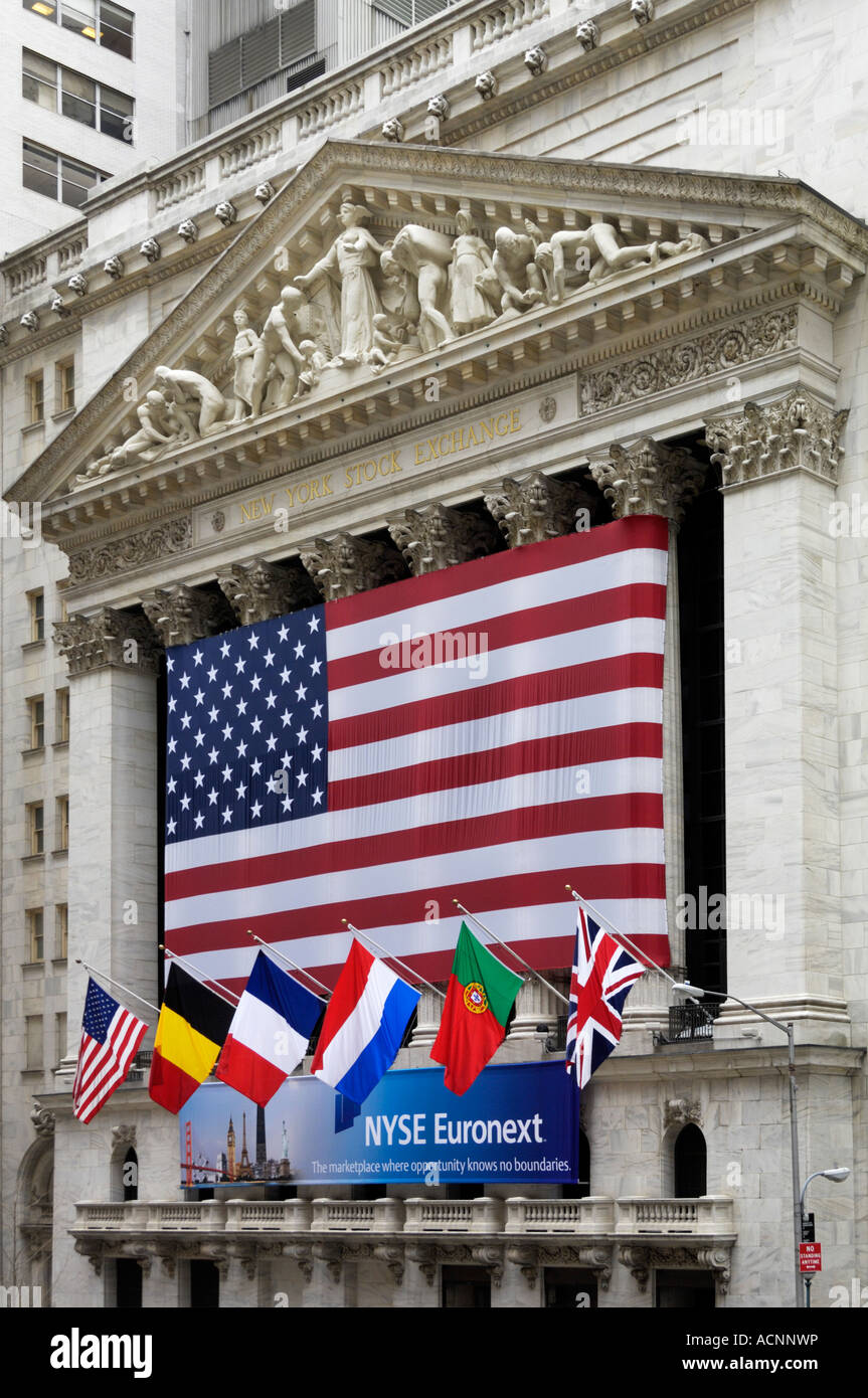 West European and American flags at NYSE New York USA Stock Photo
