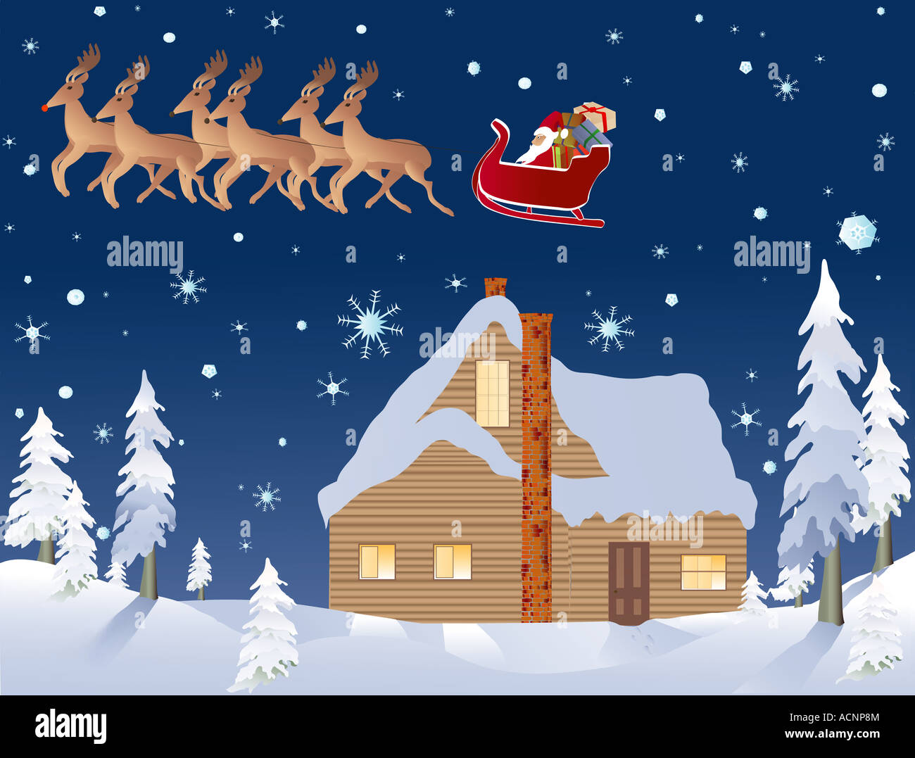 vector based illustration with cabin sleigh and reindeer as part of the background Stock Photo
