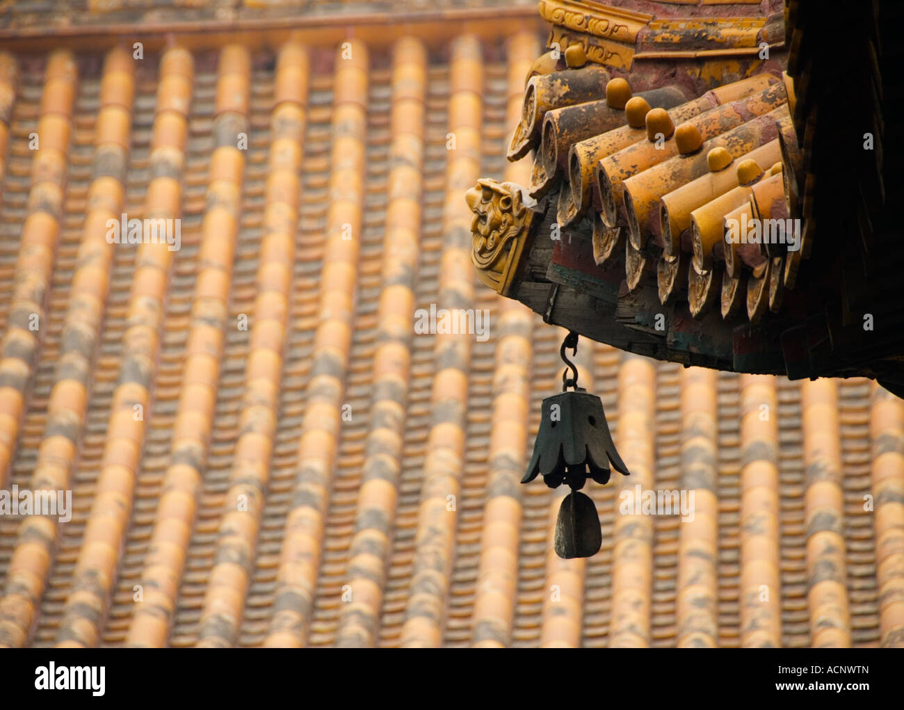 Bell and roof detail at Lama Temple Yonghegong in Beijing 2007 Stock Photo