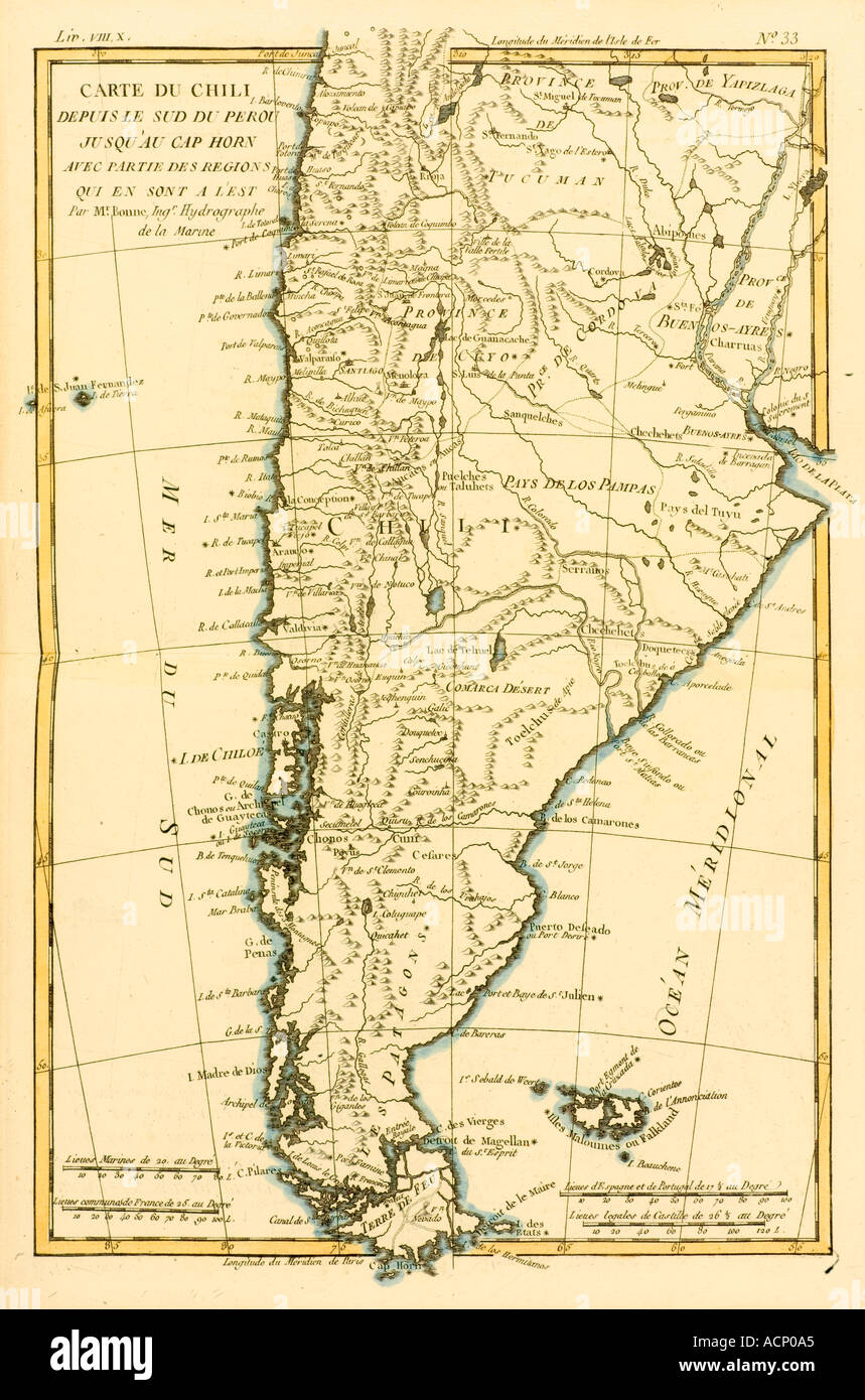 Map of Chile from southern Peru to Cape Horn 1760 Stock Photo