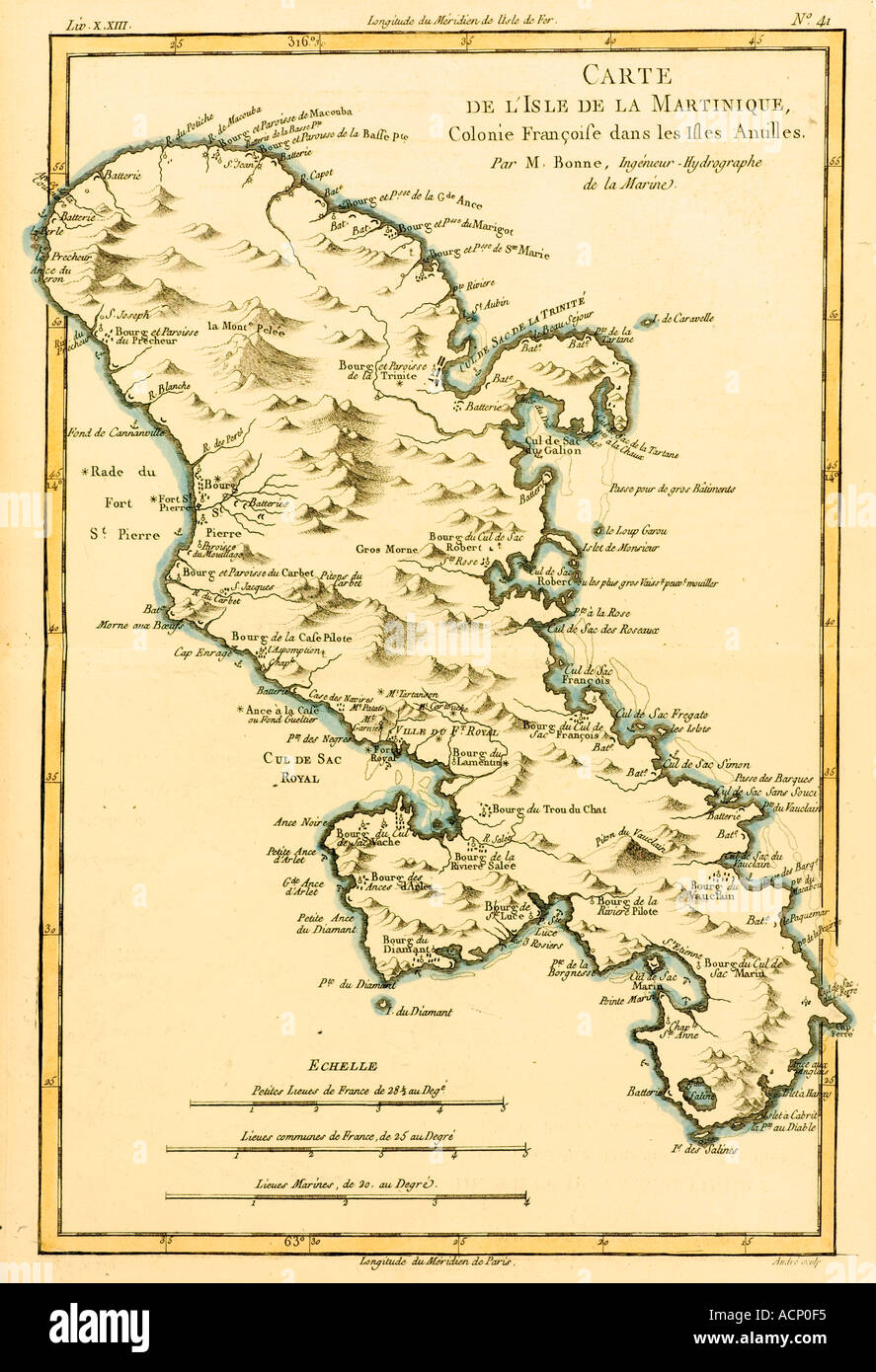 Map of the Isle of Martinique circa 1760 Stock Photo