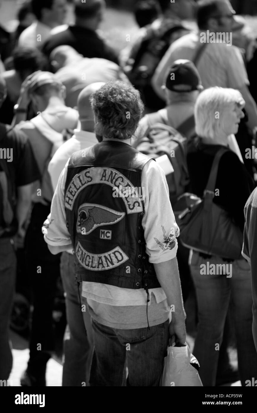 Hells Angel and crowd Stock Photo