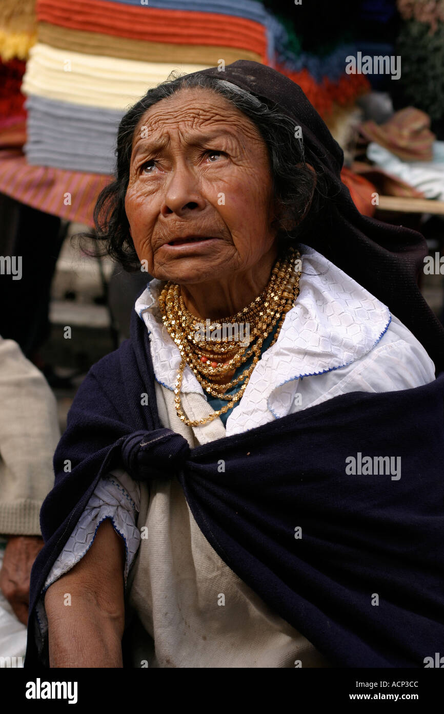 Old woman at Otavalo market Ecuador Stock Photo