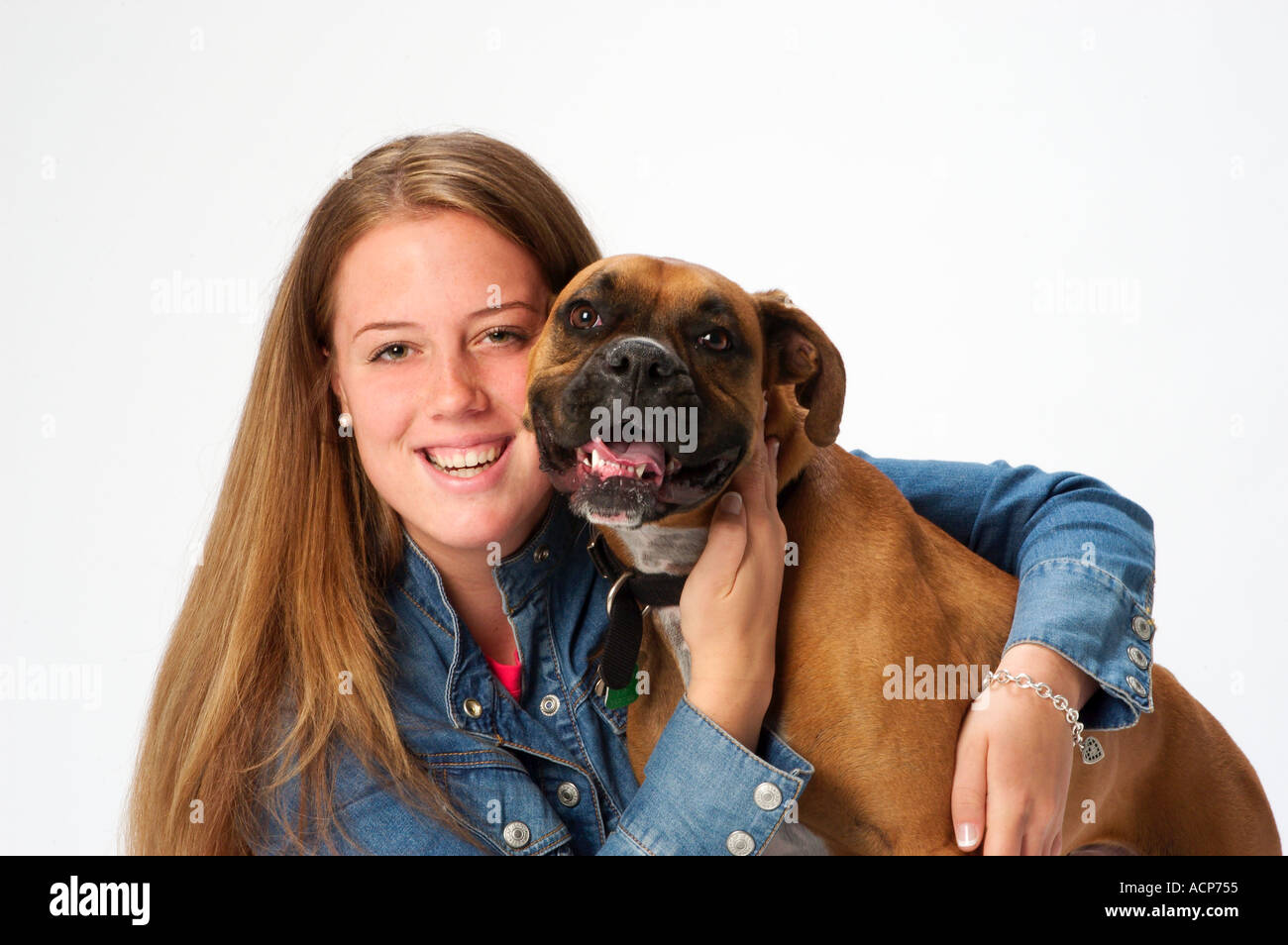 Portrait of teenage girl with her pet boxer dog Stock Photo Alamy