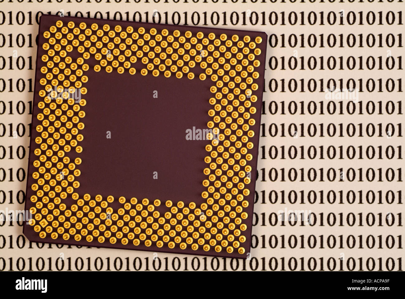 Computer Processor and Binary Digits, Close Up. Stock Photo