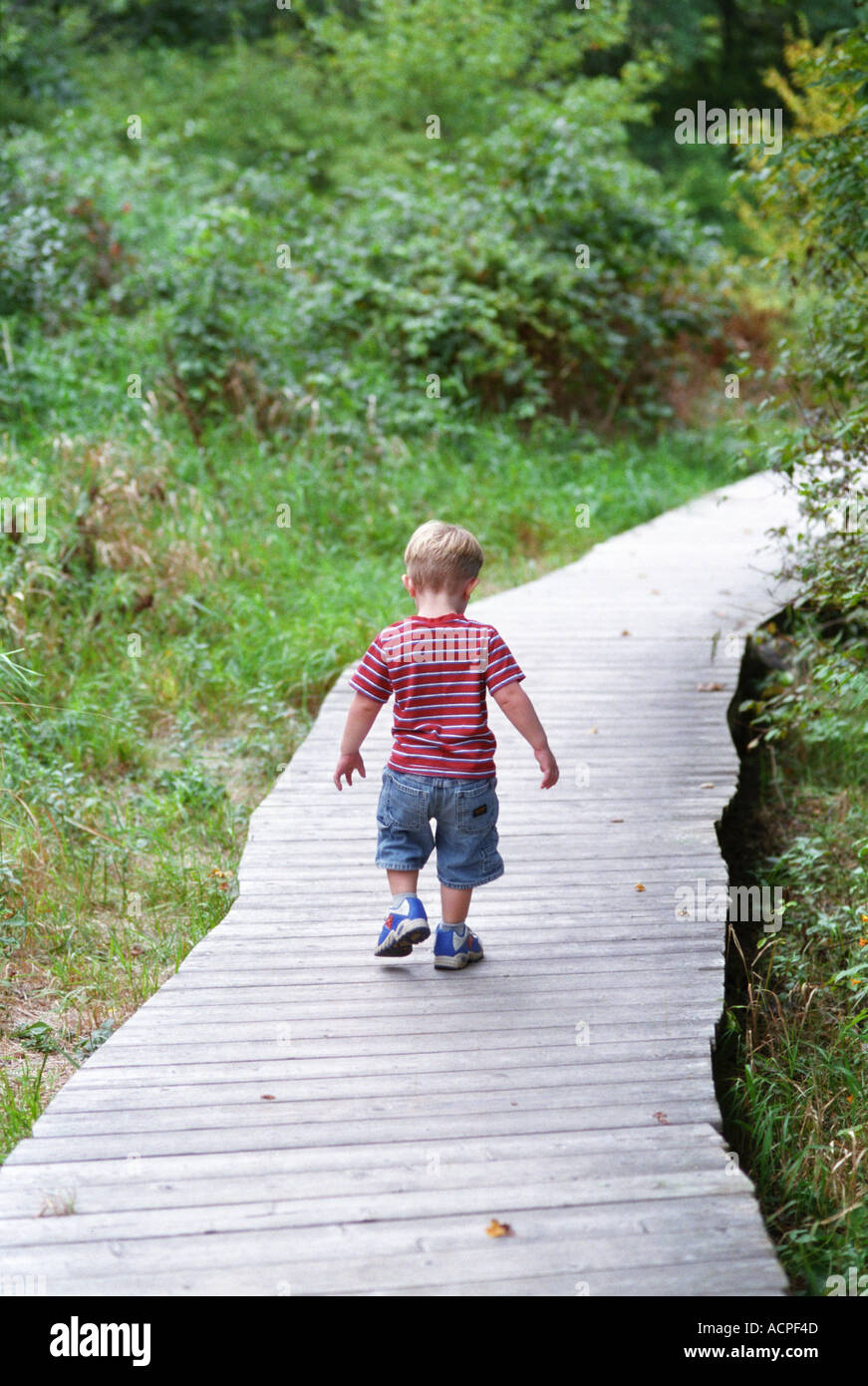 Small boy walking on pathway into future Life Stock Photo