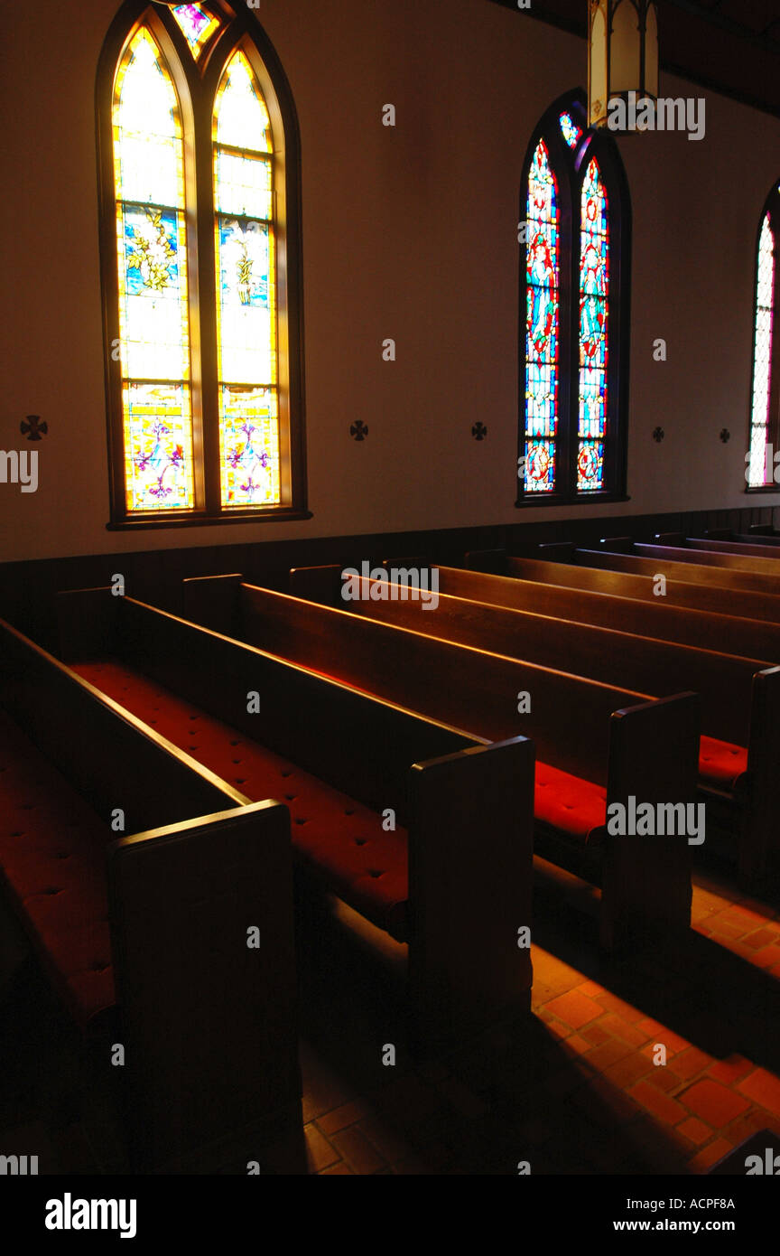 Rows of church pews in an old new england church Stock Photo Alamy