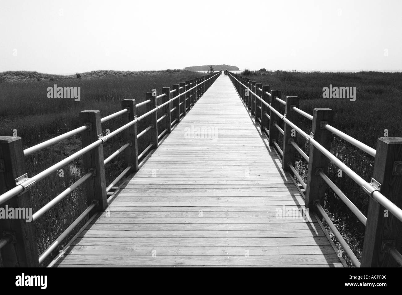 Long Boardwalk heading out to sea pathway to nowhere Stock Photo