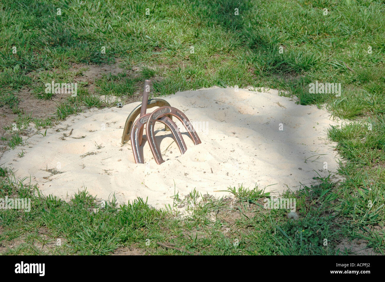 Horseshoe Pit And Shoes For Real Game At Dude Ranch Made In Backyard Of Sand Contest At 74 Ranch In Jasper Ga Stock Photo Alamy