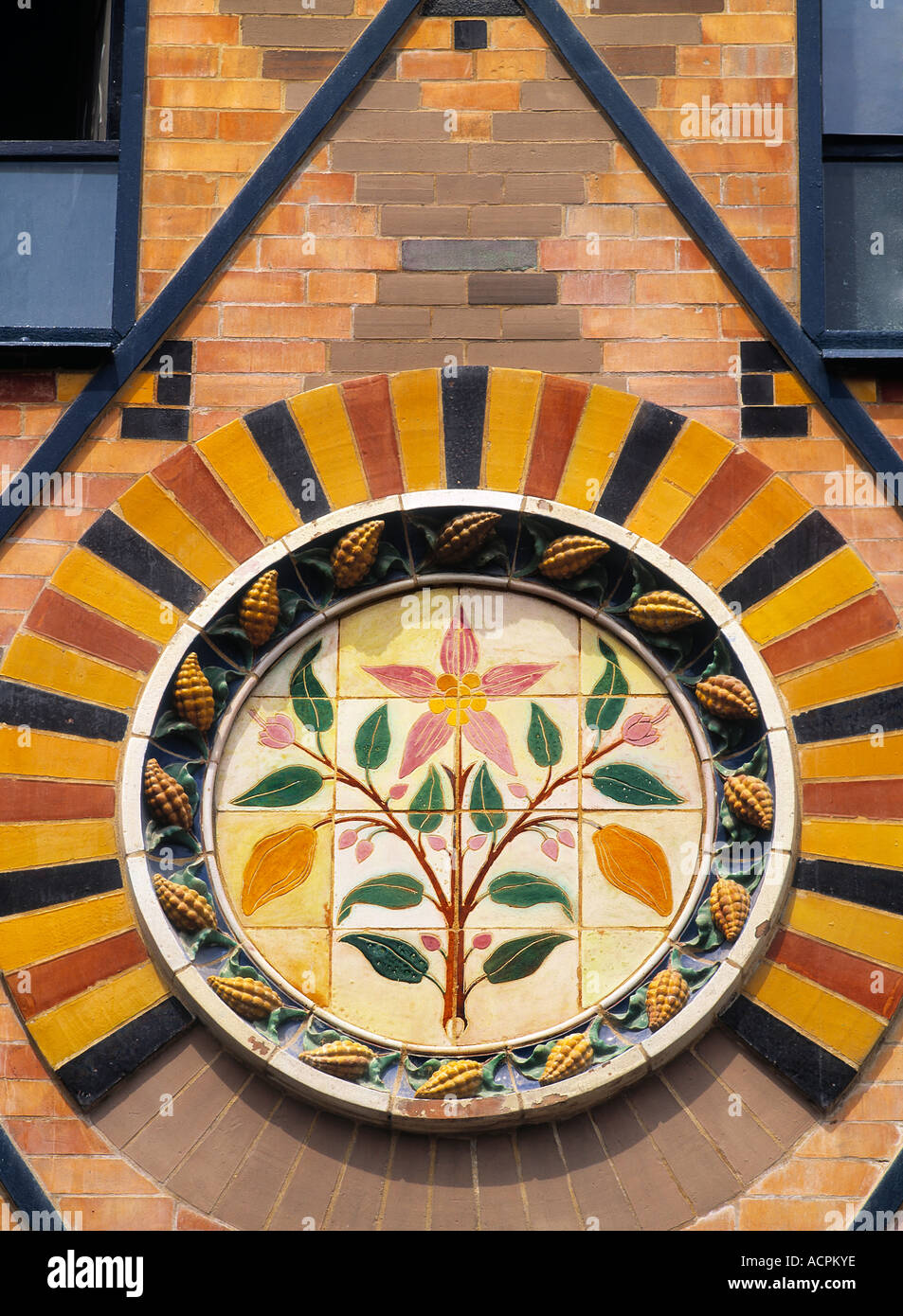Ceramic detail at the Menier chocolate factory at Noisiel designed by Jules Saulnier Stock Photo