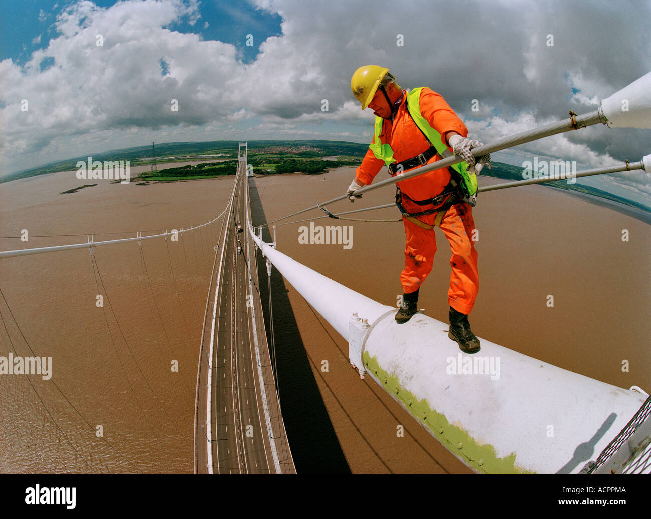 High level maintenance work on the old Severn Bridge Stock Photo Alamy
