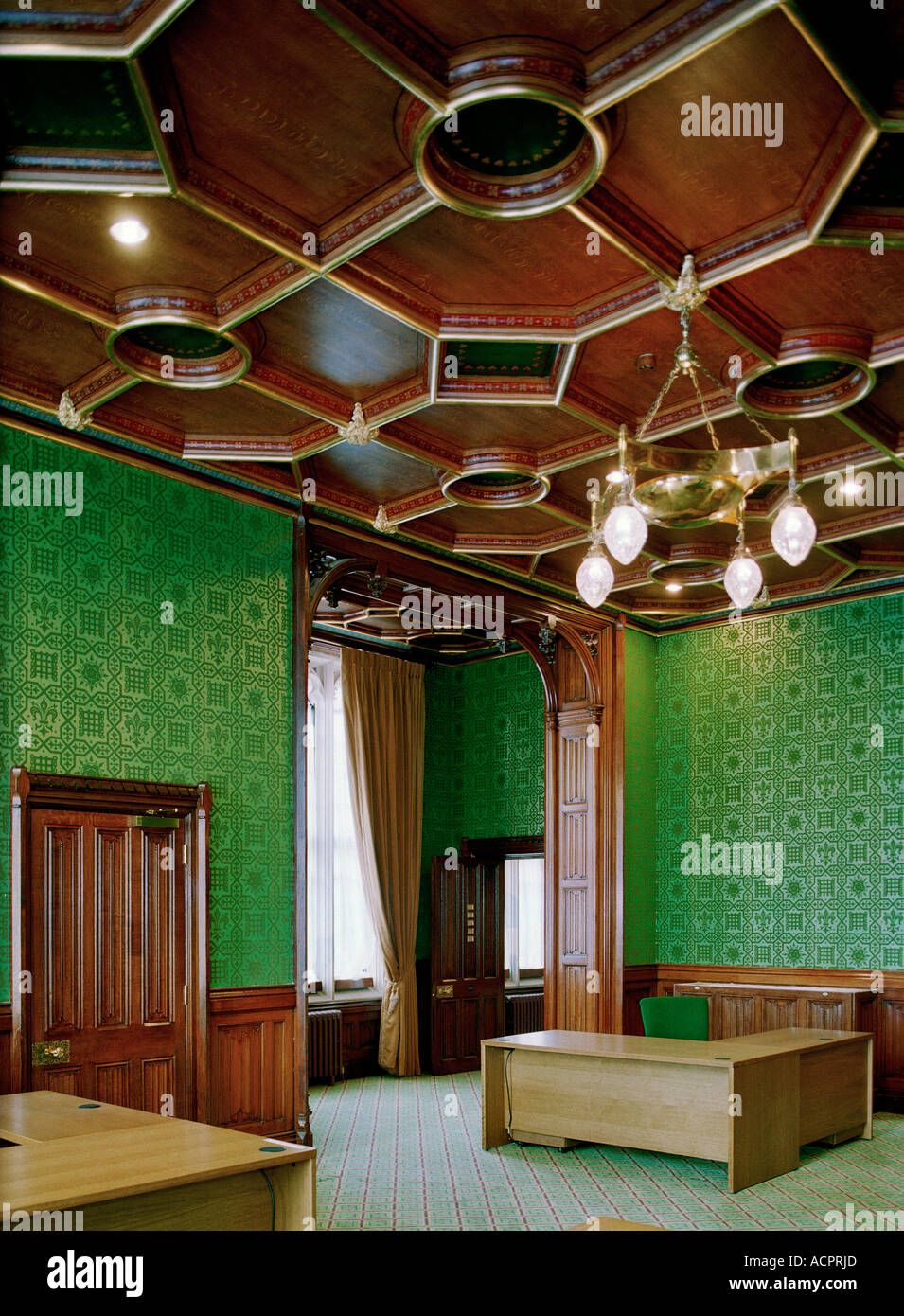 Wood panelled ceiling at the refurbished offices at the Palace of Westminster - The Houses of Parliament Stock Photo